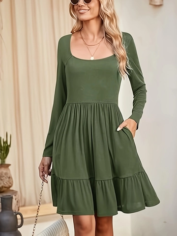 A-Line Midi Dress Long Sleeve Knit Cotton Ruffle Hem With Pockets Elegant Casual Solid Color For Women