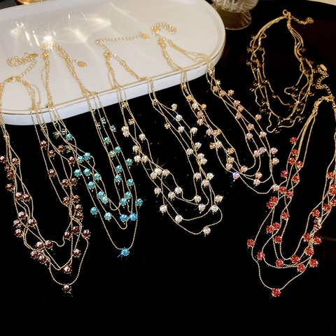 Multi Layered Clavicle Chain Necklace Copper Gold Plated Round Zircon Elegant Minimalist Luxury Jewelry Women