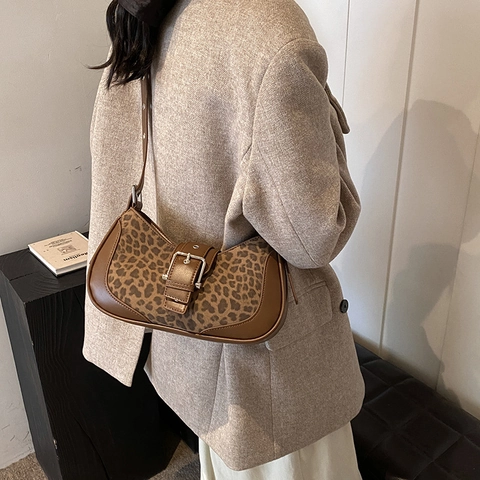 Leopard Print Shoulder Bag PU Leather Fabric Adjustable Strap Metal Buckle Casual Daily Retro Hobo Style Women