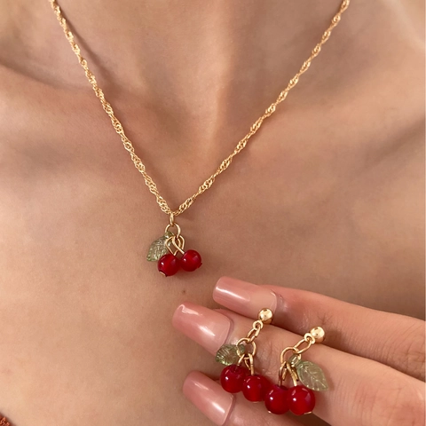 Joyas con Colgante de Cereza Dulce Collar Pendientes Anillo Pulsera para Mujer Aleación de Oro Rosa Fruta Hoja Strass Accesorios
