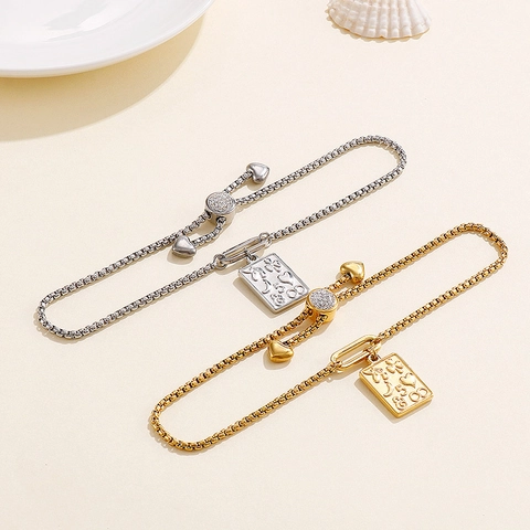 Pulsera Ajustable Acero Inoxidable Colgante Símbolo Suerte Rectangular Zirconia Joyería Elegante Para Mujer