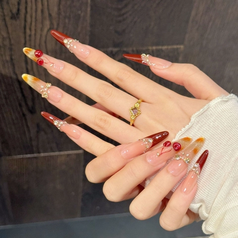 Handmade Cherry Wine Red Gradient Press On Nails 3D Cherry Rhinestone Bow Long Coffin Oval Stiletto Fake Nails Women Jewelry