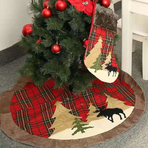 Weihnachtsbaumdecke Karomuster Leinenrand Rentier Stickerei Klassisch Rot Grün Tartan Rund Festliche Feiertagsdekoration