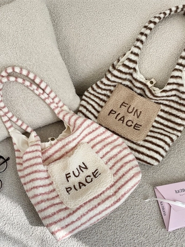 Borsa Tote In Peluche A Righe Da Donna Texture Lana Agnello Grande Capacità Borsa Spalla Ricamo Inverno Autunno Bottone Pressione