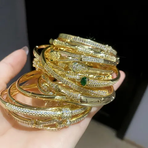 Fashion Bangle Bracelet 18K Gold Plated Copper Micro Paved Zircon Snake Clover Bamboo Knot Jewelry Gift For Women