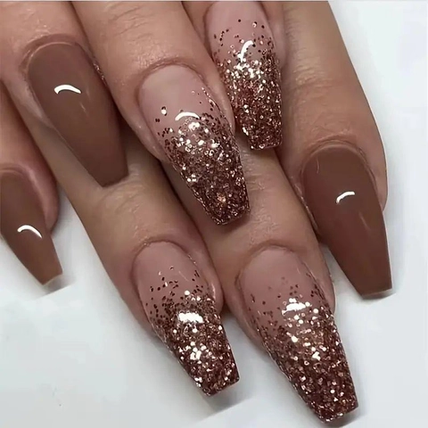 Unghie Finte Press On Forma Bara Ombre Stampa Leopardata Glitter ABS Unghie Artificiali Per Donne Chic