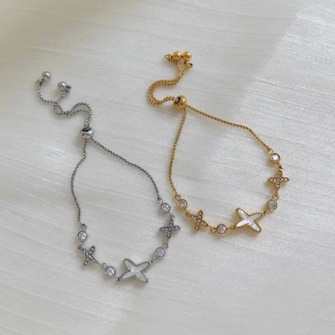Adjustable Drawstring Bracelet Stainless Steel Star Cross Zircon Inlay Mother Of Artificial Pearl Charm For Women Chic Jewelry