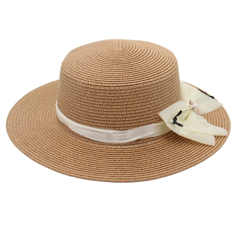 Cappello Di Paglia Da Donna Tesa Larga Protezione Solare Cupola Piatta Fiocco Chiffon Perla Artificial Elegante Estate Spiaggia