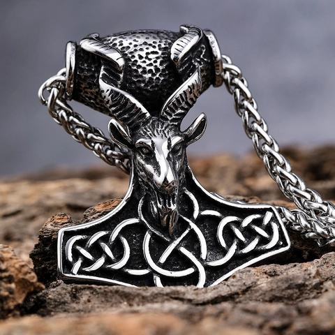 Thor's Hammer Mjolnir Pendant Necklace Stainless Steel Viking Goat Head Celtic Knot Retro Nordic Style Jewelry For Men