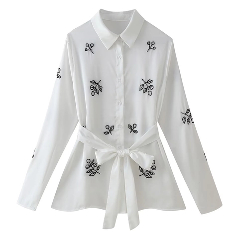 Witte Damesblouse Met Lange Mouwen Overhemd Met Revers En Bladkralen Met Heupriem Elegante Kantoortops