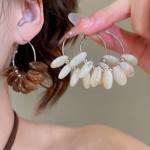 Resin Hoop Earrings With Alloy And Silver Earring Post Vintage Marble Texture Round Fashion Jewelry For Women