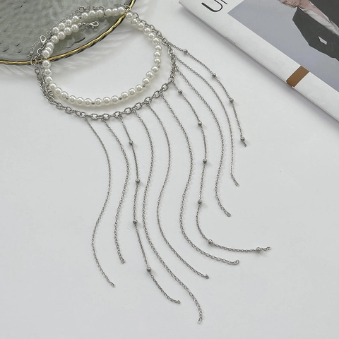 Lagen Kunstperlen Quaste Choker Halskette Metallkette V-Form Lange Fransen Elegante Hochzeitsfeier Schmuck Damen