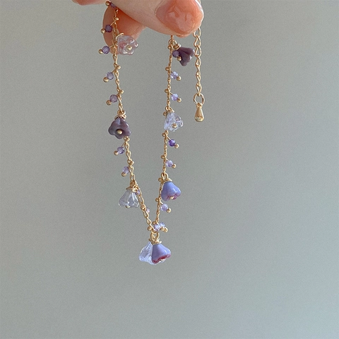 Collana Con Ciondolo A Fiore Perline Di Cristallo Acrilico Viola Catena Dorata Floreale Dolce Stile Coreano Donna