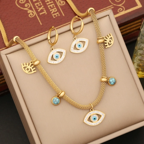 Evil Eye Halskette Armband Ohrringe Edelstahl Türkis Strass Bohemian Schmuck Persönlichkeit Accessoires Damen