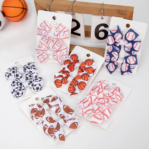 Sports Theme Bow Hair Clips Grosgrain Ribbon Baseball Basketball Soccer Football Patterns For Kids Girls Handmade Accessory