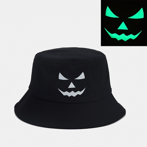 Chapeau Bob Lumineux d'Halloween Visage de Fantôme de Citrouille Brille Dans le Noir En Coton Chapeau de Soleil Pour Unisexe Fête