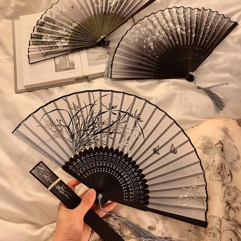 Chinesischer Handfächer Faltfächer Bambusrahmen Satinnstoff Tuschemalerei Quaste Tragbar Dekorative Kunst Handwerk Geschenk Damen