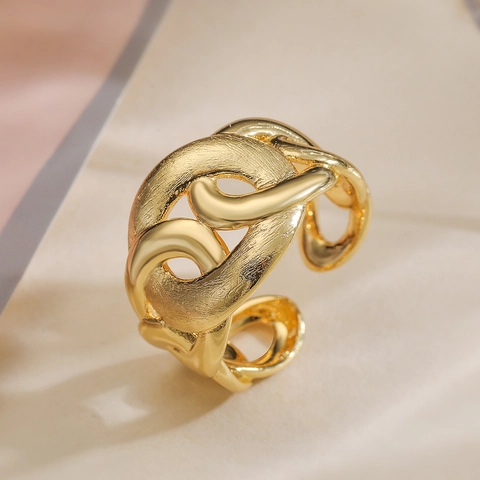 Anello Aperto Geometrico Irregolare Rame Placcato Oro 18K Regolabile Spazzolato Lucidato Gioielli Retrò Per Donne