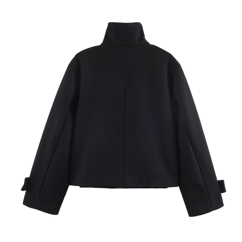 Women Stand Collar Short Coat Fashion Casual Black Long Sleeve Jacket Elegant Solid Color Woolen Feel Outerwear