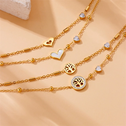 Layered Anklet Stainless Steel Heart Tree Of Life Pendant Zircon Inlaid Gold Plated Vintage Jewelry For Women