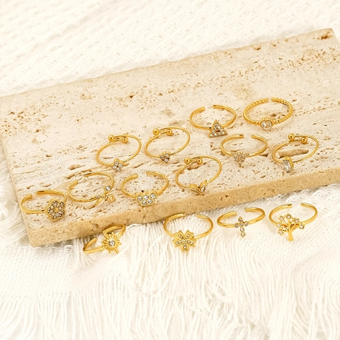 Anelli Aperti Regolabili In Acciaio Inossidabile 304 Placcato Oro 18K Con Zircone Minimalista Geometrico Fiore Croce Stella