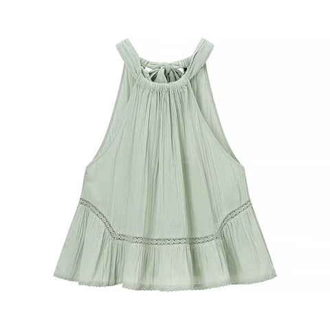 Women Elegant Halter Neck Sleeveless Blouse Summer Lace Embroidery Mesh Backless Ruffle Top Solid Color Versatile Style