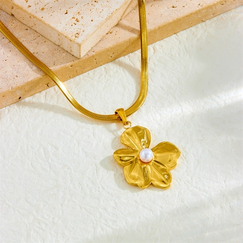 Collana Con Ciondolo Fiore Perla Artificial Elegante In Acciaio Inossidabile Placcato Oro Catena Serpente Gioielli Minimalisti Donna