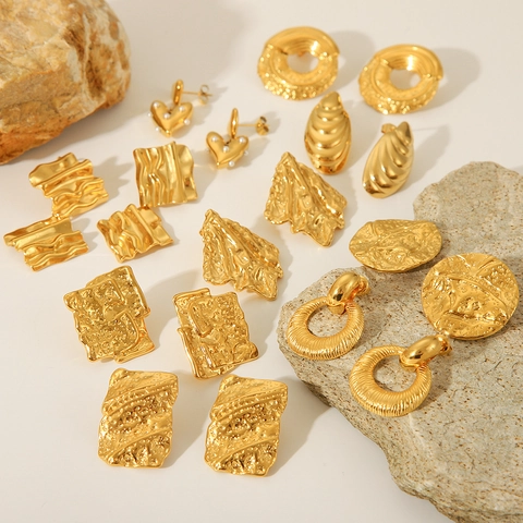 Pendientes Geométricos Martillados De Acero Inoxidable Chapado En Oro De 18K Joyas Vintage Con Textura Para Mujer