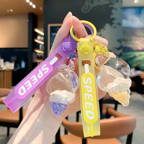 Portachiavi Liquido Creativo Conchiglia Tema Oceano Ciondolo Borsa Sabbia Mobile Acrilica Con Cinturino Silicone Donne Ragazze