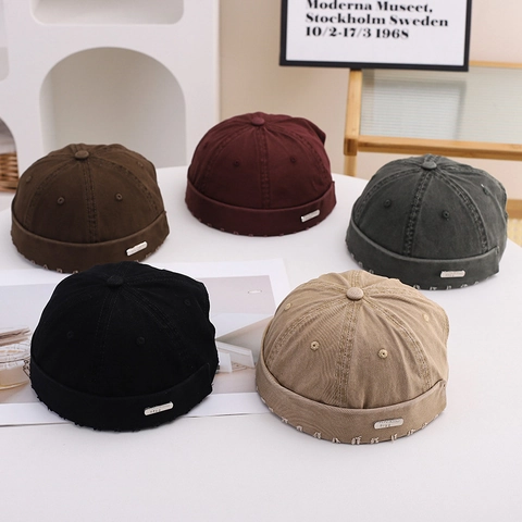 Vintage Distressed Miki Hat Docker Hat Men Women Retro Streetwear Adjustable Cotton Brimless Skullcap Sailor Cap Hip Hop Accessory