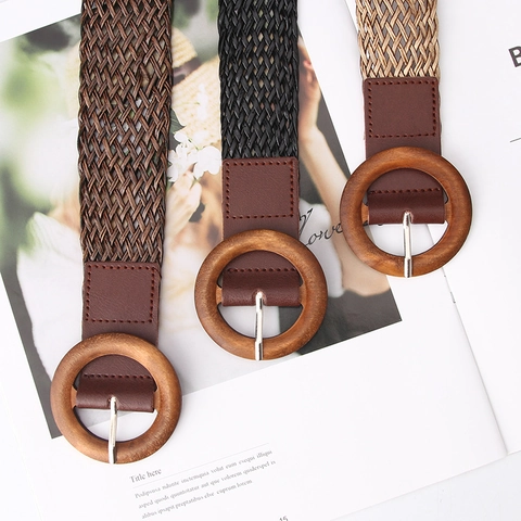 Damen Geflochtener Gürtel Mit Runder Holzschnalle Stroh PU Leder Hüftgurt Böhmischer Stil Für Kleider Jeans
