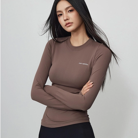 Women Long Sleeve Yoga Sports Top Nylon Spandex Quick Dry Thumbhole Slim Fit Crew Neck Activewear Running