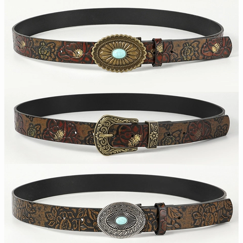 Bohemian Vintage Dames Riem Reliëf Bloemen PU Leer Met Turkoois Legering Gesp Westerse Etnische Stijl Accessoires