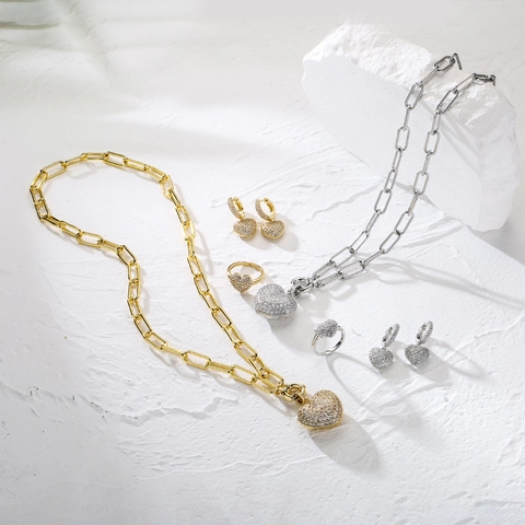 Heart Pendant Necklace Earrings Ring Jewelry Set Micropave Zircon 3D Heart Copper Paperclip Chain Fashion For Women