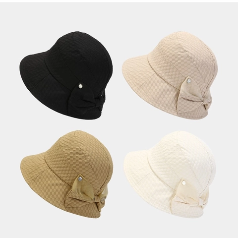 Elegant Women Bucket Hat Textured Polyester Sun Protection Foldable Bow Decoration Beach Summer Travel Fisherman Cap