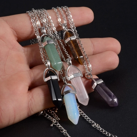 Hexagonal Pillar Pendant Necklace Natural Crystal Stone Healing Point Bullet Shape Alloy Chain Jewelry
