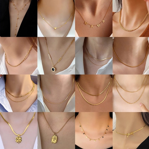 Minimalist Stainless Steel Necklace For Women Double Layer Snake Herringbone Blade Chain Gold Silver Daily Neck Jewelry Versatile