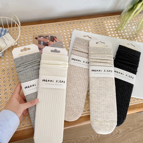 Women Combed Cotton Mid Calf Socks Ribbed Solid Color Slouchy Casual Soft Breathable Fashion