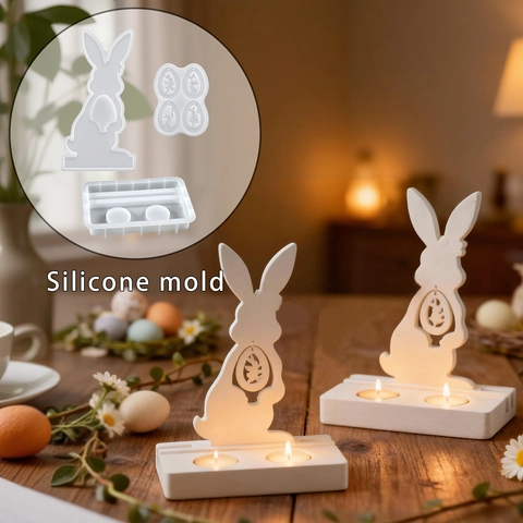 Easter Bunny Silicone Mold DIY Ornament Pendant Candle Holder Base Epoxy Resin Gypsum Casting Hollow Design Decorative