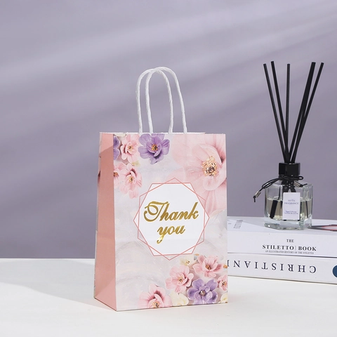 Floral Gift Paper Bags With Handles Gold Stamping Thank You Pattern For Wedding Party Birthday Elegant Packing