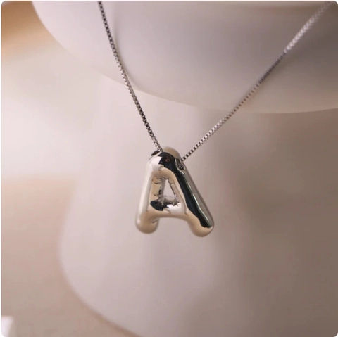 3D Puffy Buchstaben Halskette Initialen Anhänger Kupfer Spiegelglanz Box Kette Moderne Alphabet Schmuck Für Damen Silber
