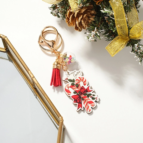 Noël Porte-clés en Bois Père Noël Gland Pendentif Boule de Verre Sucette Chaussette Gnome Cloche Flocon de Neige Cadeau