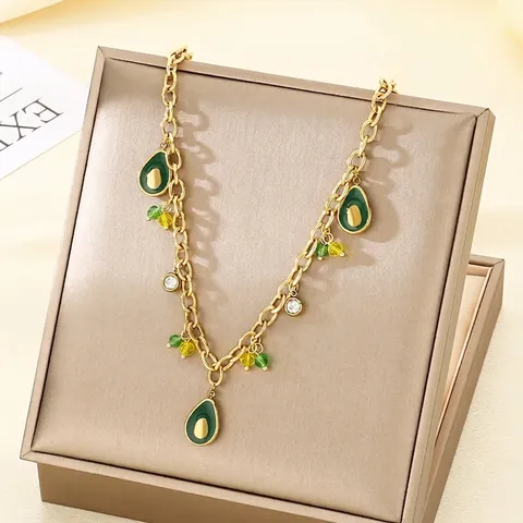 Avocado Fruit Pendant Necklace Stainless Steel Enamel Colorful Beads Zircon Gold Chain Jewelry For Women