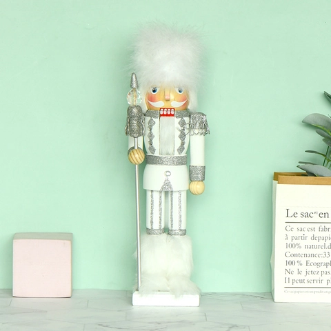 Nutcracker Soldier King Christmas Decoration Figurine Wooden White Silver With Faux Fur Hat Scepter Elegant Ornament