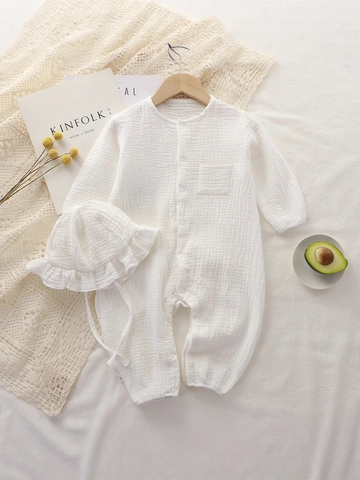 Baby Romper Jumpsuit 100% Cotton Gauze Muslin Long Sleeve Snap Button Round Neck And Matching Hat Newborn Infant