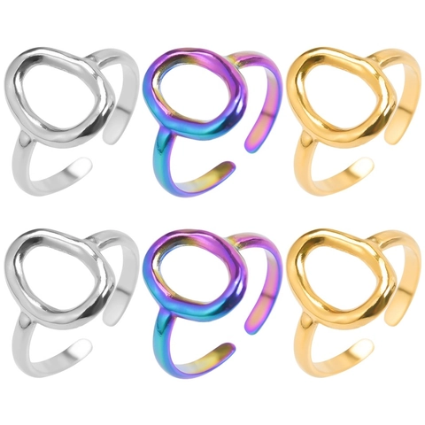 Geometric Hollow Oval Ring Stainless Steel Rainbow Gold Silver Open Adjustable Polished Retro Minimalist Jewelry For Women Men