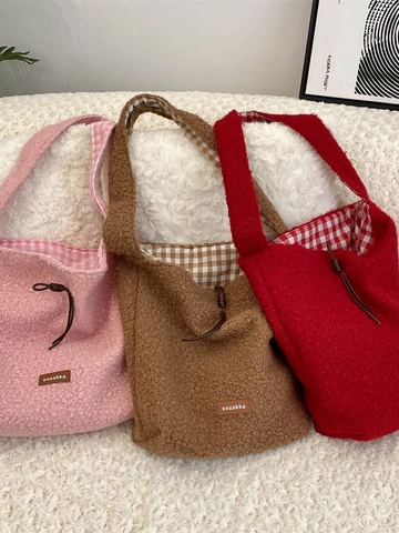 Plüsch Tragetasche Große Kapazität Warm Weich Lammwolle Schultertasche Mit Kariertem Futter Für Damen Herbst Winter Alltag