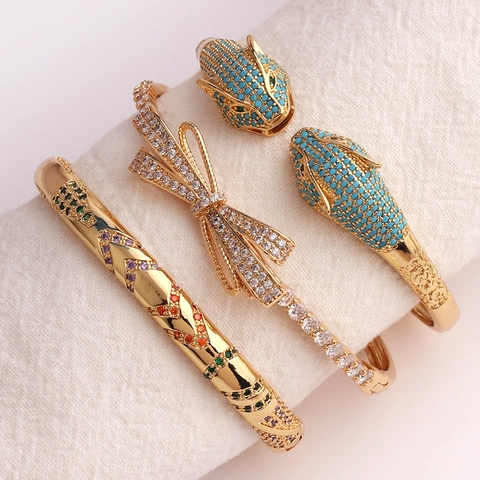 Leopard Head Bow Knot Bangle 18K Gold Plated Brass Colorful Zirconia Inlaid Luxury Hip Hop Jewelry For Women