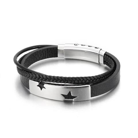 Men Multi-layer Braided Genuine Leather Bracelet With Stainless Steel Star Cutout Plate Punk Fashion Bangle Magnetic Clasp