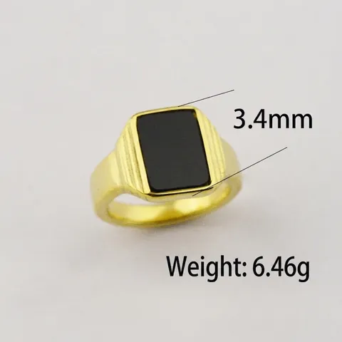 Retro Square Black Signet Ring 18K Gold Plated Stainless Steel Striped Sides Statement Fashion Jewelry